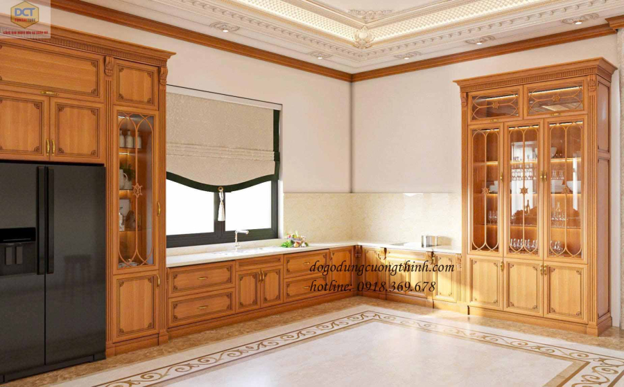 Mẫu tủ bếp tân cổ điển TB55 có đảo quầy bar tủ rượu